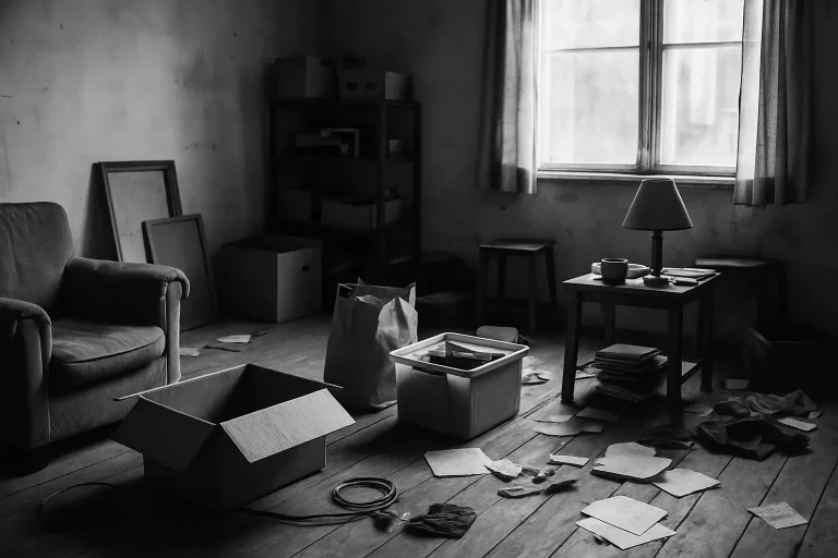 Pièce encombrée avec divers objets, lumière douce, vue en noir et blanc.