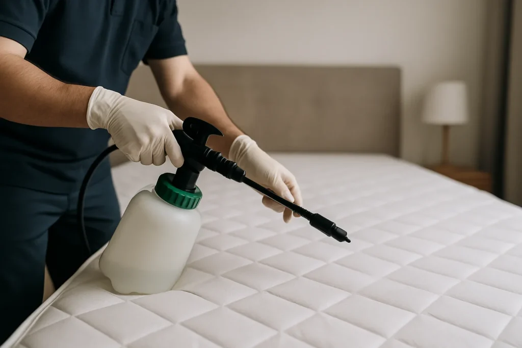 Mains gantées utilisant un pulvérisateur sur un matelas dans une chambre.