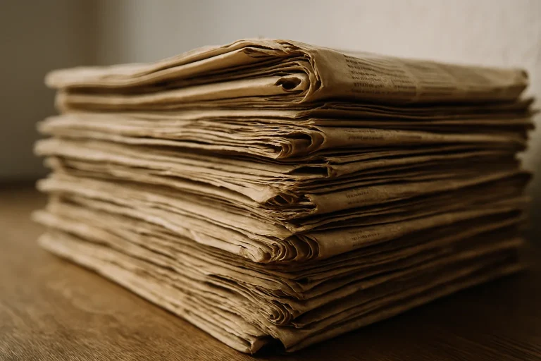 Pile de journaux jaunis empilés dans un logement Diogène, texture et usure visibles.