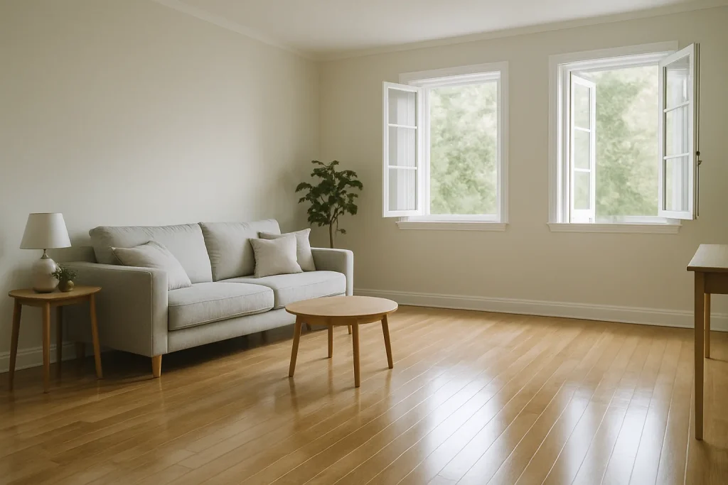 Intérieur d'une maison Diogène nettoyée, lumière naturelle, ambiance sereine.