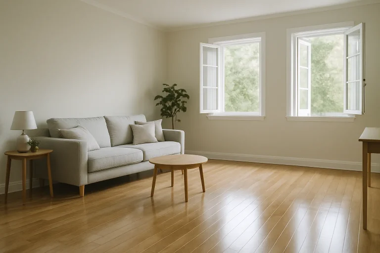 Intérieur d'une maison Diogène nettoyée, lumière naturelle, ambiance sereine.