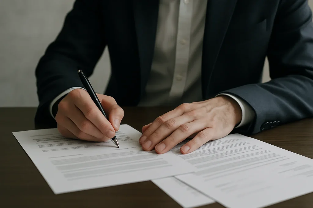 Deux mains signent des documents officiels, ambiance sérieuse et neutre.