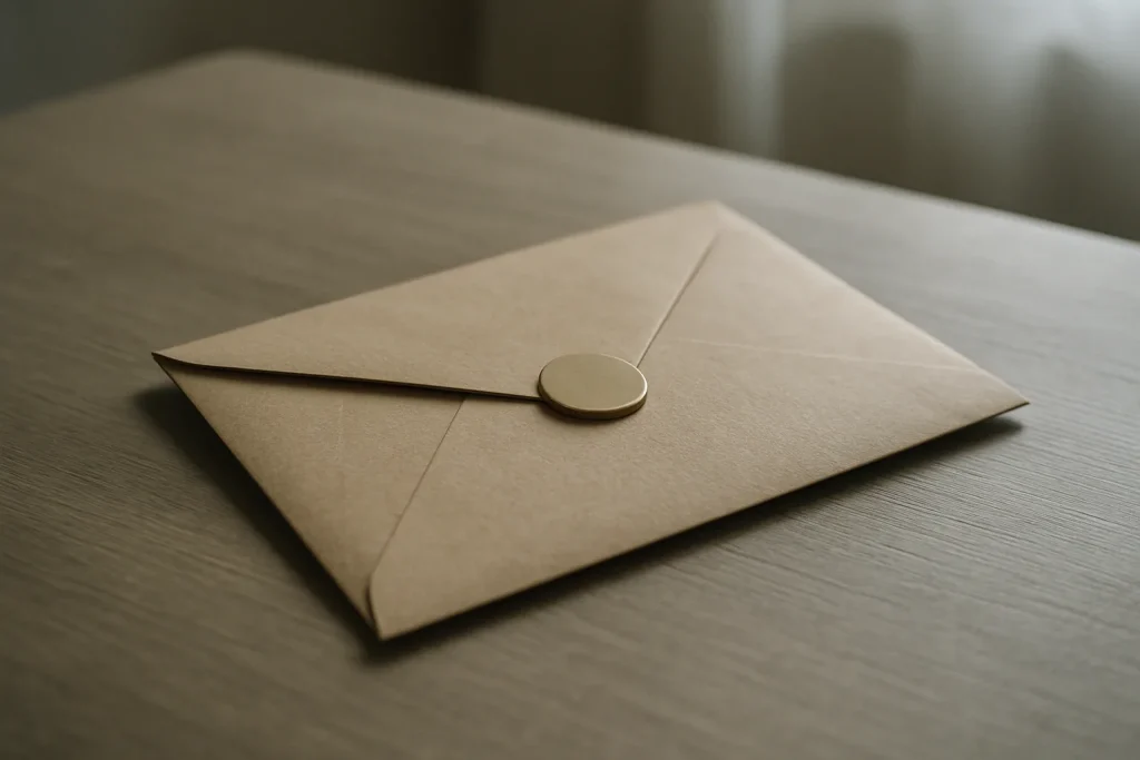 Enveloppe scellée sur une table, lumière naturelle, symbolisant une renonciation à succession