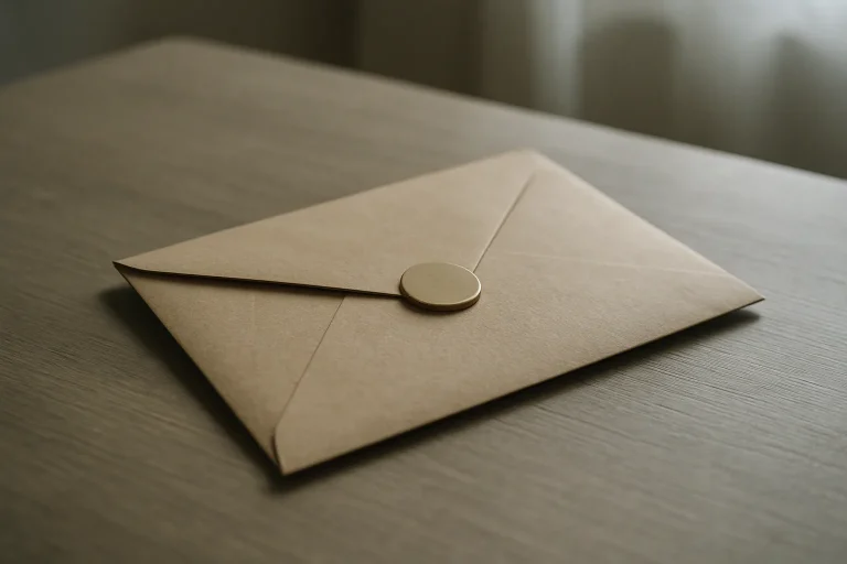 Enveloppe scellée sur une table, lumière naturelle, symbolisant une renonciation à succession