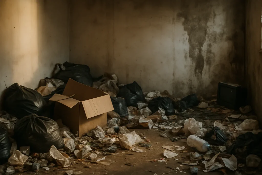 Pièce encombrée de déchets, murs humides, éclairage doux, ambiance oppressante