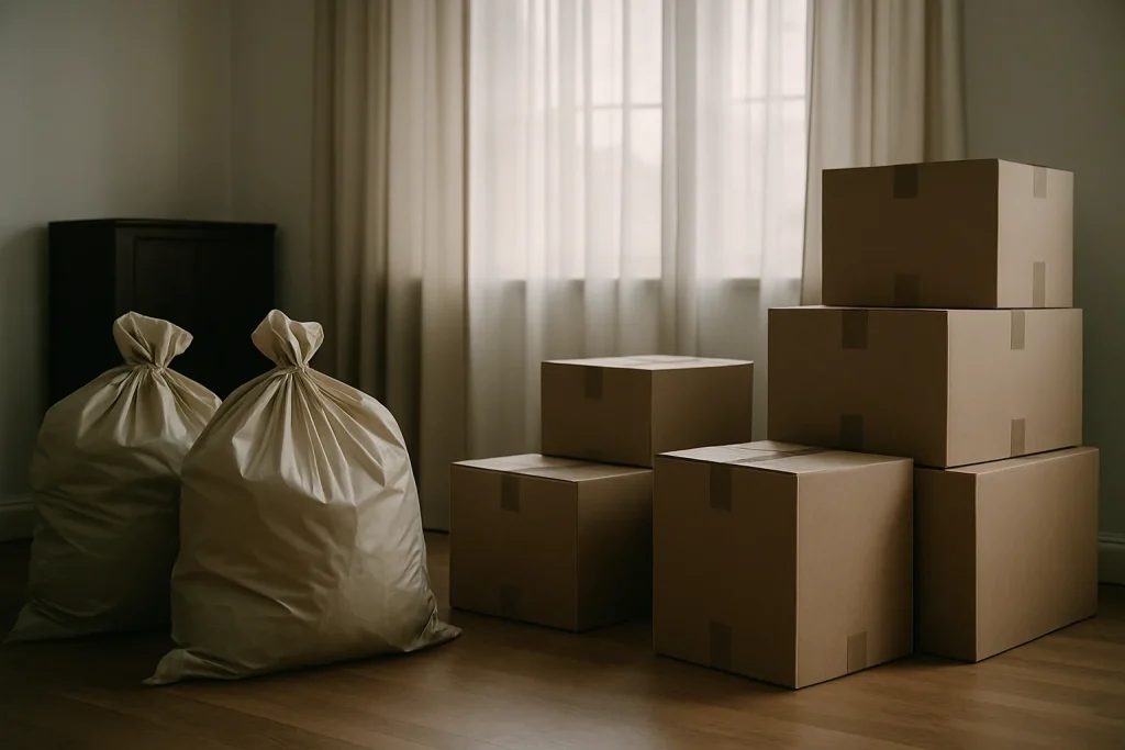 Pièce avec sacs et cartons fermés, lumière douce à travers des rideaux.
