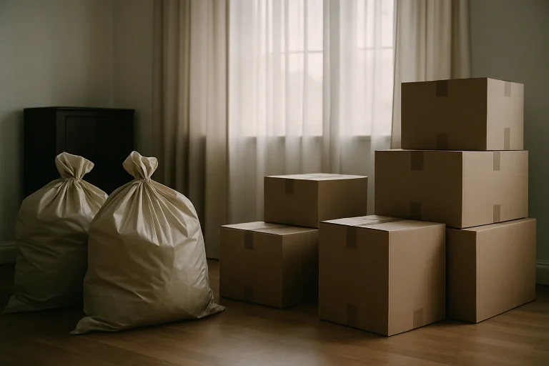 Pièce avec sacs et cartons fermés, lumière douce à travers des rideaux.
