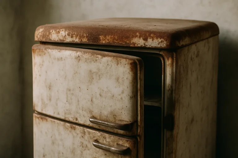Vieux réfrigérateur rouillé avec portes entrouvertes, en lumière naturelle douce.