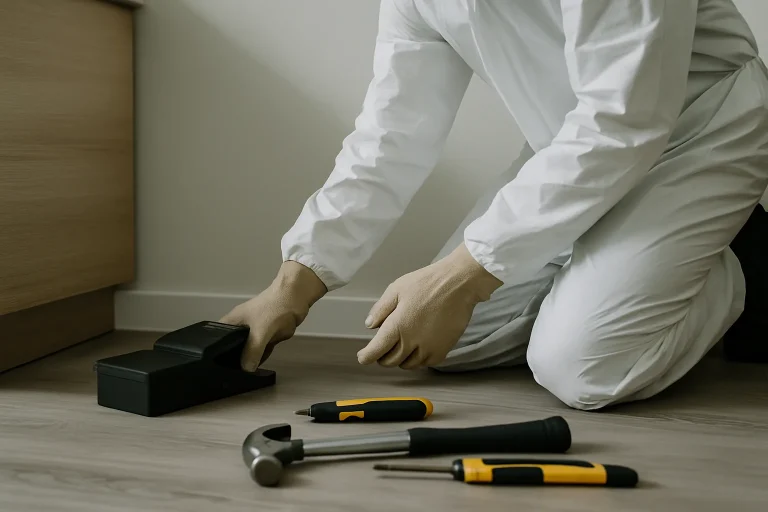 Un professionnel en combinaison installe un piège à rongeurs dans un espace intérieur.